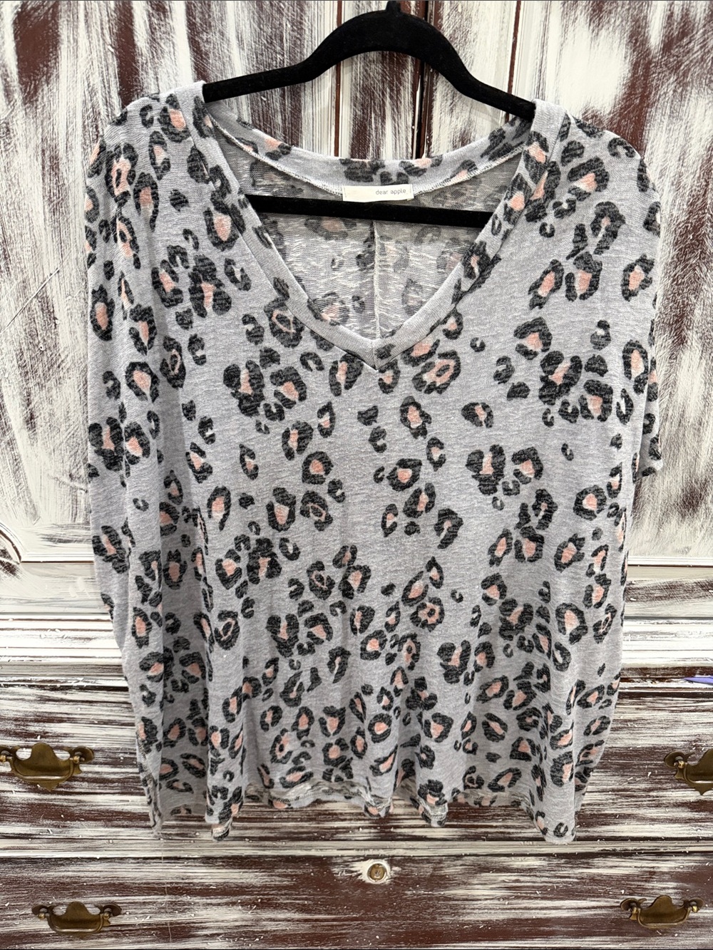 Light Blue-Gray V-Neck Leopard Print Sweater with Pink Accents